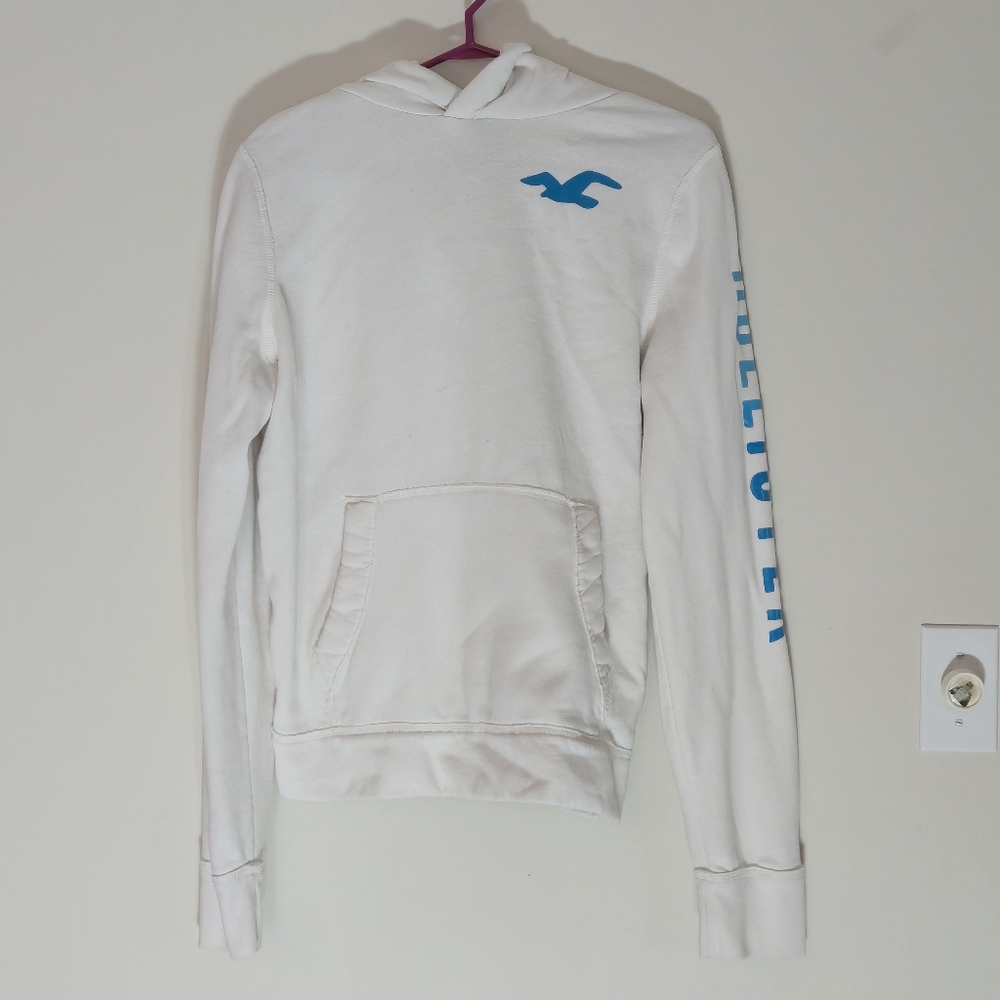 Hollister Size XL White Blue Graphic Seagull Sleeve Logo Pullover Hoodie Y2K - Picture 2 of 11